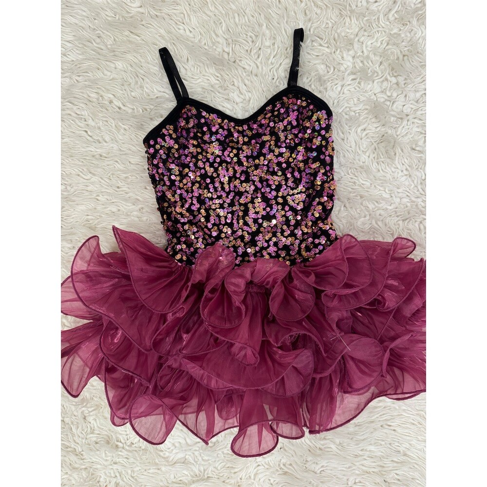 Curtain Call Costumes Girls Dance Leotard Dress S Black Sequin Purple
